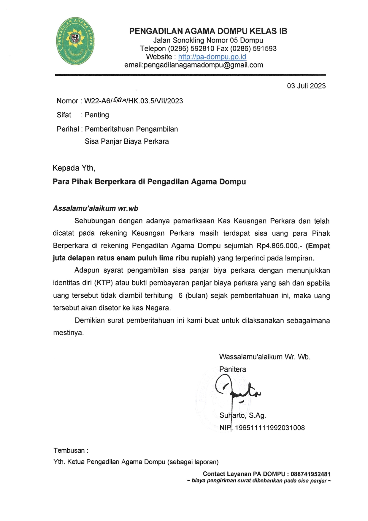 PEMBERITAHUAN SISA PANJAR